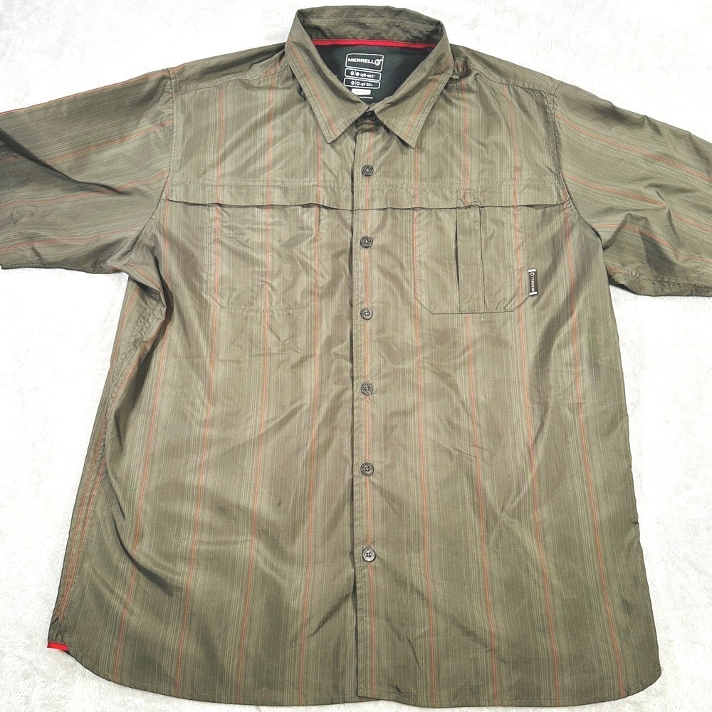 Merrell Shirt Mens XL Opti-Wick UPF 50+ Hiking Brown Striped Performance Beach